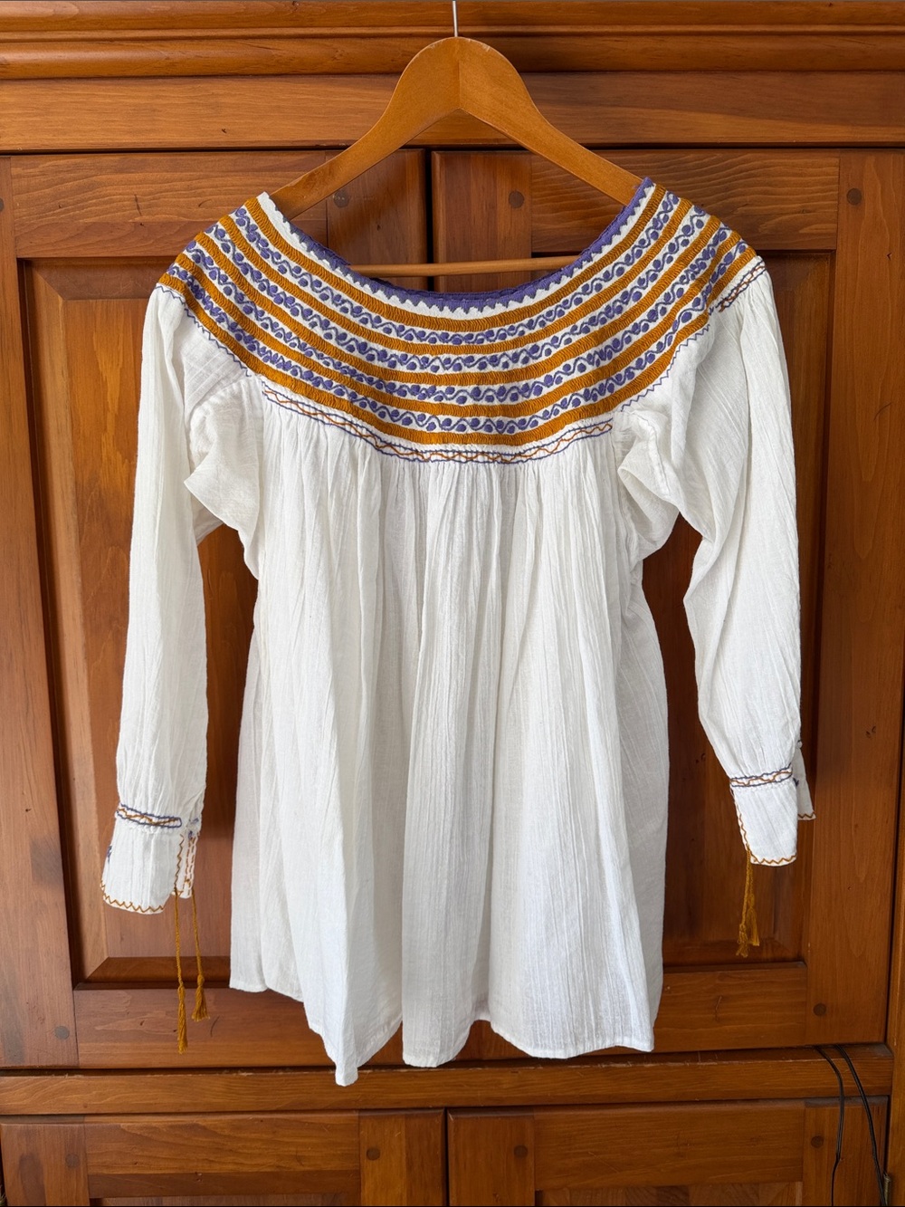 White Embroidered Peasant Top with Mustard & Purple Accents - Handmade in Mexico